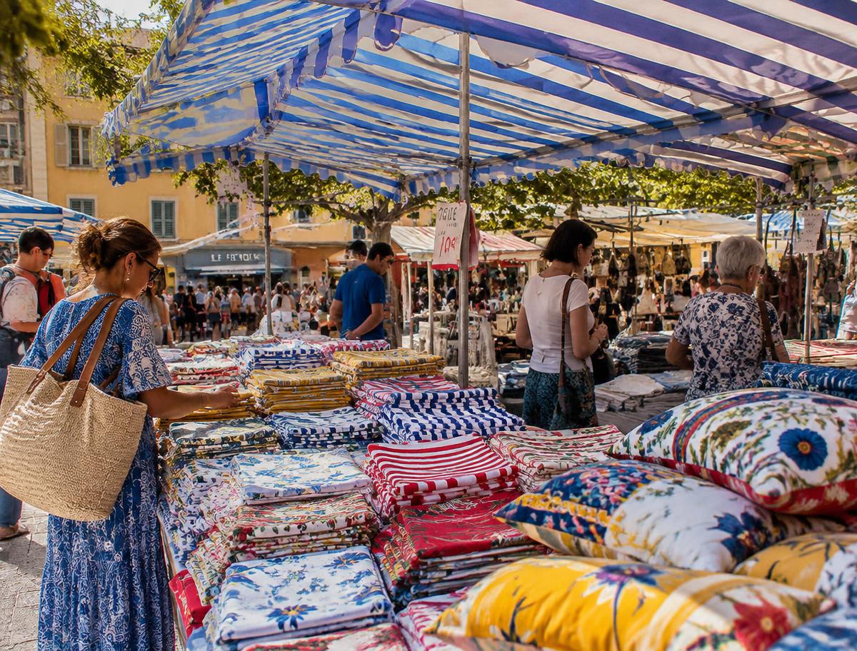 Textile market stall piled with printed cottons